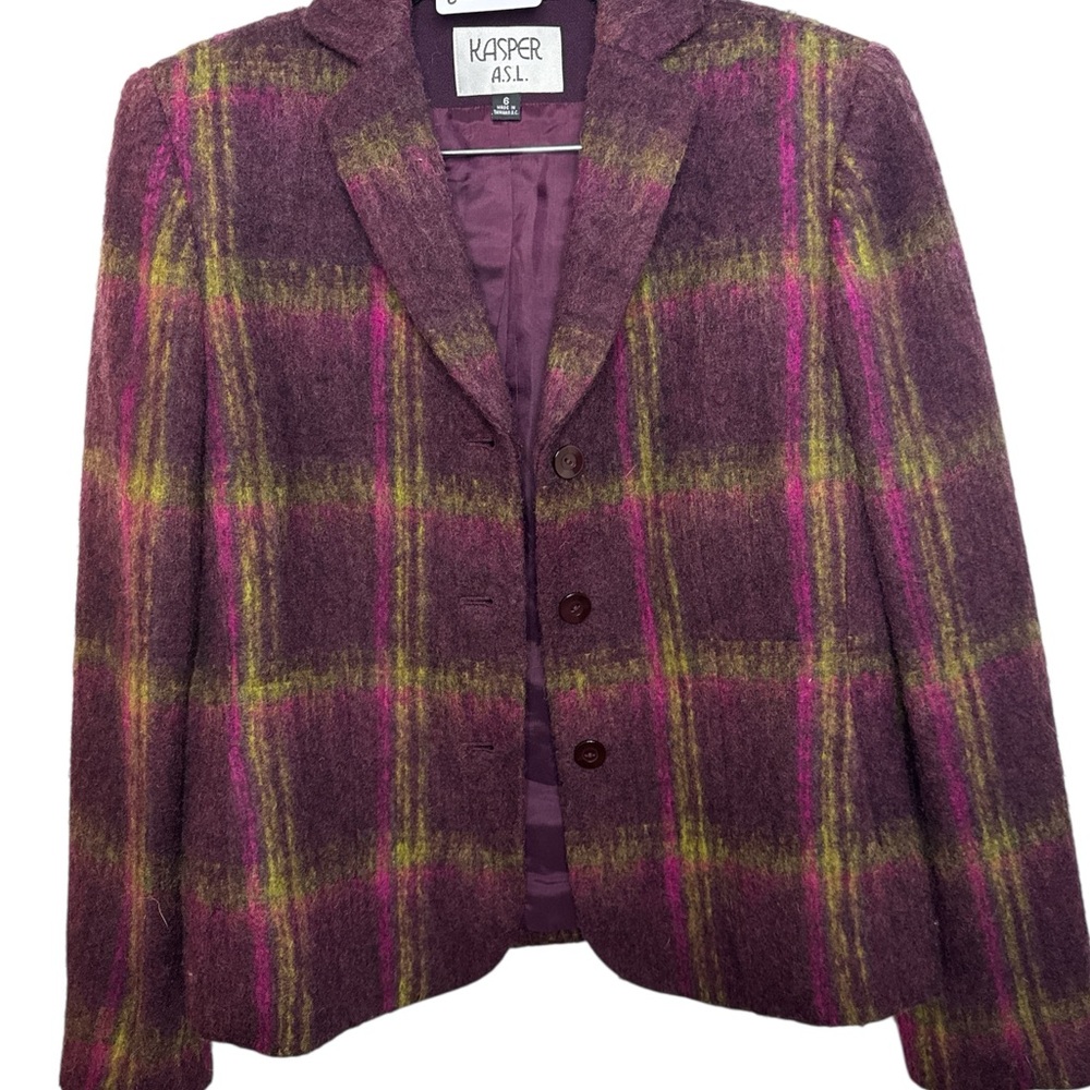 Kasper Vintage Plum Purple Green‎ Plaid Wool Blazer Size 6 - Picture 4 of 8